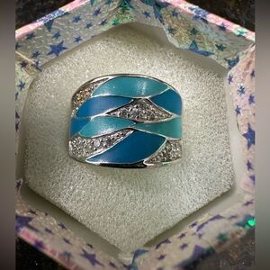 Macy's Silver & Blue Statement Ring with Accents. Stamped 925. Size 6.5
